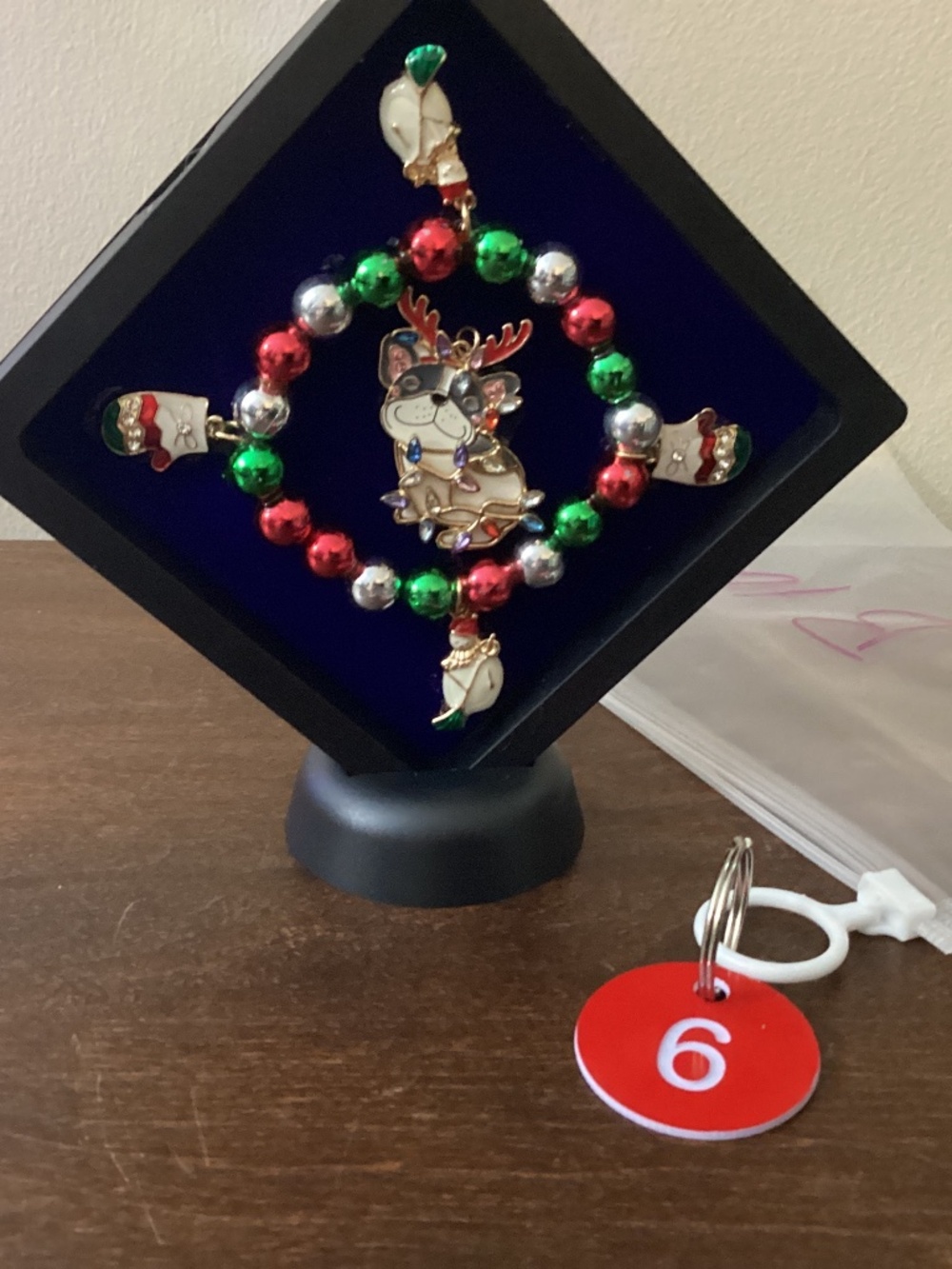 Handcrafted upcycled Christmas jewelry art pug candles red green gold charms art